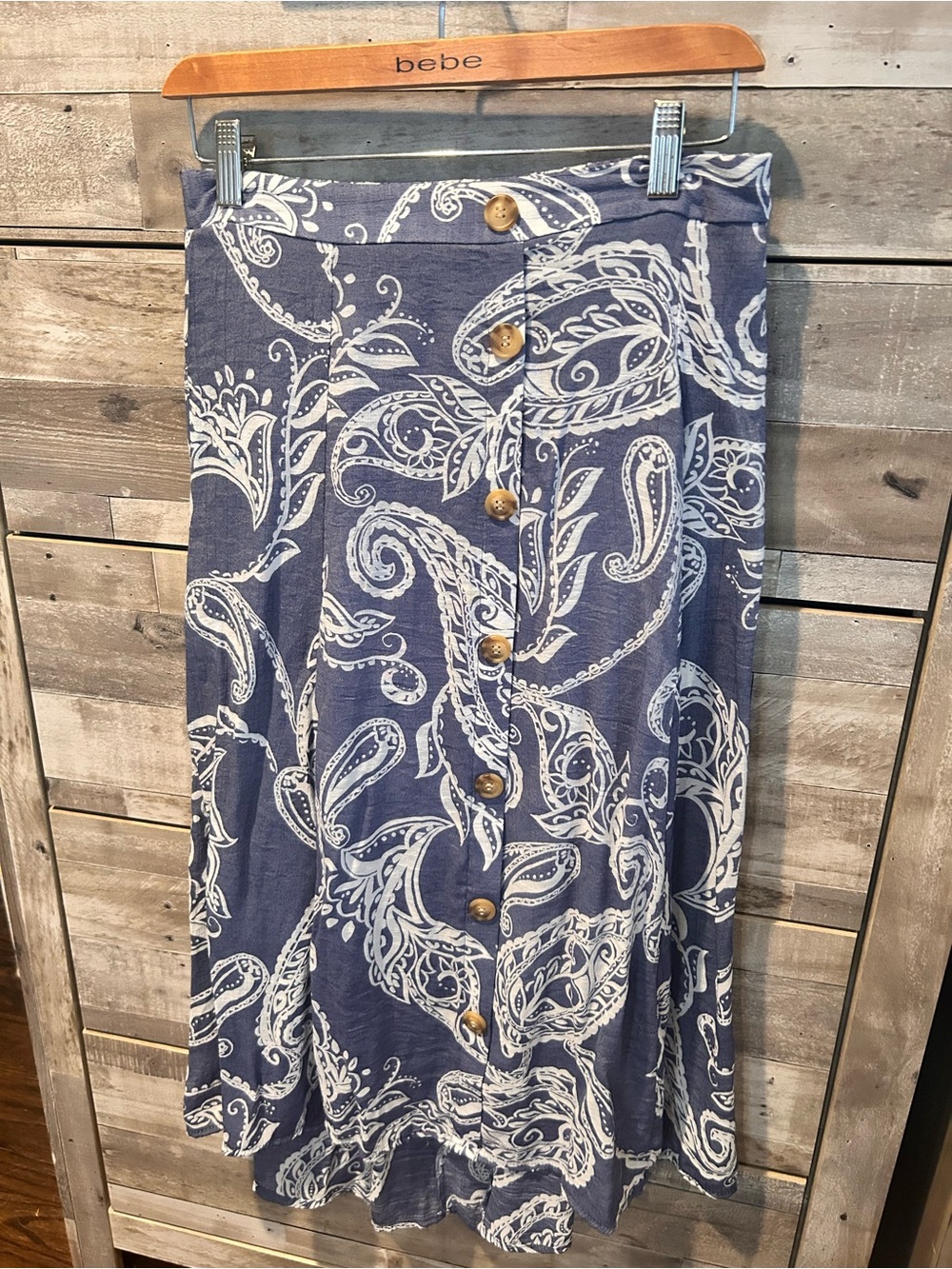 bebe Blue Paisley Button-Front Midi Skirt